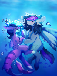 Size: 1280x1704 | Tagged: safe, artist:teapupppy, oc, oc only, fish, original species, pegasus, pony, shark, shark pony, blue mane, blushing, bubble, commission, crepuscular rays, female, fish tail, lesbian, looking at each other, ocean, purple eyes, shipping, smiling, sunlight, tail, teeth, touching hooves, underwater, water, wings