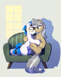 Size: 1450x1845 | Tagged: safe, artist:drafthoof, oc, oc only, earth pony, pony, commission, couch, couple, duo, eyes closed, glasses, shipping, sitting, smiling