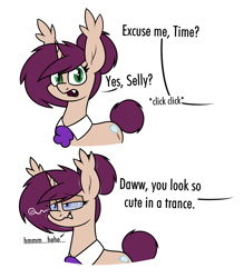 Size: 1576x1801 | Tagged: safe, artist:moonatik, oc, oc:timetable, bat pony, hybrid, pony, unicorn, bat pony oc, clothes, collar, cravat, cute, dialogue, fangs, female, horn, hypnosis, hypnotized, implied oc, mare, simple background, unicorn oc