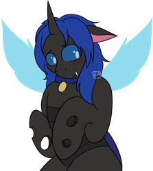 Size: 882x990 | Tagged: safe, artist:emmettart, oc, oc only, oc:swift dawn, changeling, pony, blue changeling, blue eyes, blushing, changeling oc, changeling wings, collar, commission, eyebrows, eyebrows visible through hair, fangs, floppy ears, horn, male, pet collar, pet play, pet tag, shy, signature, simple background, solo, standing on two hooves, transparent background, transparent wings, wings, ych result