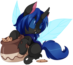 Size: 1123x1000 | Tagged: safe, artist:loyaldis, oc, oc only, oc:swift dawn, changeling, pony, blue changeling, blue eyes, changeling oc, changeling wings, chewing, commission, cookie, cookie jar, crumbs, cute, eating, fangs, food, horn, male, ocbetes, simple background, solo, stealing, transparent background, transparent wings, wings, ych result