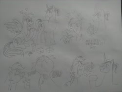Size: 2592x1944 | Tagged: safe, artist:princebluemoon3, rainbow dash, oc, oc:lance darkwater, pegasus, pony, unicorn, series:rainbow dash's romantic diet, g4, burger, burp, canon x oc, date, diet, eating, eye scar, female, floating heart, food, grayscale, hay burger, heart, horn, magic, male, monochrome, ponytail, scar, shipping, sketch, straight, telekinesis, this will end in weight gain, traditional art, unicorn oc, weight gain, weight gain sequence