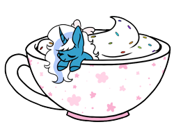 Size: 764x608 | Tagged: safe, artist:cryptidmars, oc, oc:fleurbelle, alicorn, pony, alicorn oc, bow, cream, cup, female, food, hair bow, horn, mare, simple background, sleeping, sprinkles, teacup, transparent background, wings