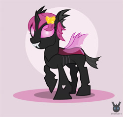Size: 1332x1275 | Tagged: safe, artist:wheatley r.h., derpibooru exclusive, oc, oc only, oc:lara, butterfly, changeling, brooch, changeling oc, female, gold, happy, jewelry, mare, pink, pink changeling, raised hoof, simple background, solo, vector, watermark