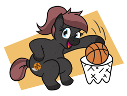 Size: 694x528 | Tagged: safe, artist:jargon scott, oc, oc only, oc:cross court, earth pony, pony, basketball, basketball net, body freckles, female, freckles, holding, looking at you, mare, open mouth, slam dunk, smiling, solo, sports