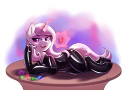 Size: 1188x858 | Tagged: safe, artist:tikrs007, fleur-de-lis, pony, unicorn, g4, catsuit, commission, draw me like one of your french girls, female, gem, glowing horn, high heels, horn, latex, latex suit, levitation, lying down, magic, mare, miss fleur is trying to seduce us, shiny, shoes, solo, table, telekinesis, zipper