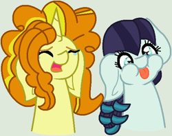 Size: 556x440 | Tagged: safe, artist:jadeharmony, artist:madzbases, adagio dazzle, coloratura, earth pony, pony, unicorn, g4, :p, adatura, base used, big ears, crying, cute, equestria girls ponified, female, floppy ears, gray background, laughing, lesbian, mare, open mouth, ponified, rara, rarabetes, shipping, silly, silly pony, simple background, tears of laughter, tongue out