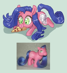 Size: 872x941 | Tagged: safe, artist:archego-art, chuck e cheese pony, pony, g1, chuck e. cheese, female, filly, food, irl, mouth hold, photo, pizza, toy, toy interpretation