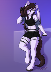 Size: 1500x2100 | Tagged: safe, artist:punk-pegasus, oc, oc only, oc:tail, pegasus, anthro, unguligrade anthro, belly button, clothes, collar, female, fishnet stockings, freckles, hooves, jacket, mare, midriff, miniskirt, pleated skirt, short shirt, skirt, solo, sports bra, tank top, unshorn fetlocks
