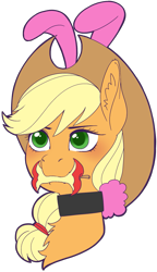 Size: 1095x1898 | Tagged: safe, artist:taytinabelle, part of a set, earth pony, pony, animal costume, apple, apple core, bunny costume, bunny ears, bust, choker, clothes, collar, costume, ear fluff, female, food, herbivore, mare, mouth hold, simple background, solo, transparent background