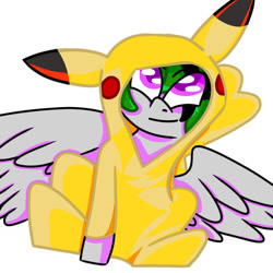Size: 1280x1280 | Tagged: safe, artist:ukedideka, oc, oc:quizzical aphre, pegasus, pikachu, pony, cel shading, clothes, footed sleeper, footie pajamas, green hair, grey body, looking at you, onesie, pajamas, pegasus oc, pokémon, purple eyes, shading, smiling, smiling at you, spread wings, wings