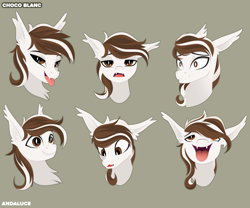 Size: 2360x1968 | Tagged: safe, artist:andaluce, oc, oc only, oc:choco blanc, bat pony, pony, bust, expressions, multeity, reference sheet, simple background, smiling, solo, tongue out
