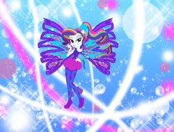 Size: 1168x888 | Tagged: safe, artist:selenaede, artist:user15432, rarity, fairy, human, equestria girls, g4, alternate hairstyle, barely eqg related, base used, bubble, clothes, colored wings, crossover, fairy wings, fairyized, fins, flower, flower in hair, gradient wings, hairstyle, hand on hip, long hair, ponied up, ponytail, purple wings, rainbow s.r.l, shoes, sirenix, solo, sparkly background, wings, winx, winx club, winxified