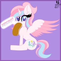 Size: 2000x2000 | Tagged: safe, artist:shylista's art, oc, oc only, oc:lullaby star, alicorn, pony, adorable face, alicorn oc, big ears, cute, female, food, high res, horn, pancakes, sitting, solo, wings
