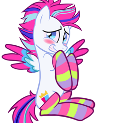 Size: 1920x1920 | Tagged: safe, artist:melonmilk, derpibooru exclusive, zipp storm, pegasus, pony, g4, g5, my little pony: a new generation, blushing, clothes, colored wings, kneesocks, longsocks, looking at you, multicolored wings, raised hoof, rule 63, show accurate, simple background, sitting, smiling, socks, solo, spread wings, striped socks, tail, white background, wings, zip cyclone