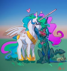 Size: 3236x3441 | Tagged: safe, artist:alumx, princess celestia, queen chrysalis, alicorn, changeling, changeling queen, pony, g4, blushing, blushing profusely, cheek kiss, dork, dorkalis, female, heart, high res, kissing, lesbian, mare, ship:chryslestia, shipping, sweat