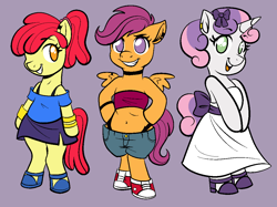 Size: 1102x826 | Tagged: safe, artist:vodkamewtwoni, apple bloom, scootaloo, sweetie belle, earth pony, pegasus, pony, unicorn, semi-anthro, g4, alternate universe, arm hooves, bow, bracelet, clothes, cosplay, costume, cutie mark crusaders, cutie mark fundraiser au, dress, high heels, jewelry, piercing, ponytail, shoes, short shirt, shorts, skirt