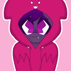 Size: 2000x2000 | Tagged: safe, anonymous artist, oc, oc only, oc:midnight purple, bat pony, pony, bat pony oc, dragon costume, fangs, high res, looking at you, male, no pupils, pink background, simple background, smiling, solo