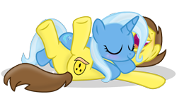 Size: 2000x1122 | Tagged: safe, artist:grapefruit-face, trixie, oc, oc:grapefruit face, pony, g4, base used, blushing, canon x oc, eyes closed, female, grapexie, happy, laughing, legs in air, male, shipping, show accurate, simple background, sleepy, straight, transparent background, updated