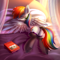 Size: 5000x5000 | Tagged: safe, artist:atlas-66, rainbow dash, pegasus, pony, g4, adorasexy, bed, book, butt, clothes, cute, cyrillic, day, dock fluff, eyes closed, female, frog (hoof), grooming, lying down, mare, plot, preening, prone, rainbutt dash, russian, see-through, sexy, stockings, stupid sexy rainbow dash, thigh highs, underhoof, wings
