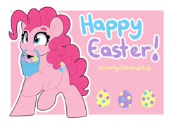 Size: 1200x848 | Tagged: safe, artist:partypievt, pinkie pie, earth pony, pony, g4, basket, easter, easter basket, easter egg, eyebrows, holiday, solo, text
