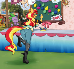 Size: 1254x1158 | Tagged: safe, alternate version, artist:mae, spike, sunset shimmer, dragon, unicorn, anthro, g4, ass, balloon, balloon popping, breasts, bunset shimmer, busty sunset shimmer, butt, carnival, carnival game, cleavage, clothes, cute, heeled boots, jacket, jeans, leather jacket, pants, party balloon, plushie, popping, skirt