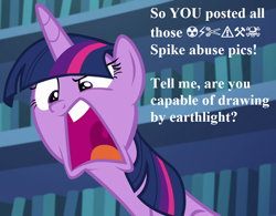 Size: 924x720 | Tagged: safe, edit, edited screencap, editor:korora, screencap, twilight sparkle, alicorn, pony, every little thing she does, g4, season 6, angry, book, censored vulgarity, cropped, faic, grawlixes, library, long neck, offscreen character, solo, speech, talking, this will end in a trip to the moon, twilight sparkle (alicorn)