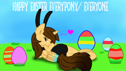 Size: 3840x2160 | Tagged: safe, artist:ejlightning007arts, oc, oc only, oc:ej, alicorn, pony, alicorn oc, bunny ears, bunny suit, butt, clothes, cosplay, costume, easter, easter egg, egg, floating heart, heart, high res, holiday, horn, leotard, looking at you, looking back, looking back at you, playboy bunny, plot, rule 63, sexy, solo, wings