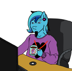 Size: 511x500 | Tagged: safe, artist:djmatinext, editor:notxweeb, starlight glimmer, oc, oc only, oc:blue harmony, earth pony, human, anthro, badly drawn, base used, chair, clothes, coffee, computer, cup, cup holder, ear piercing, humanized, keyboard, learning to draw, meme, pajamas, phone drawing, photo, piercing, solo, wojak