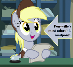 Size: 792x720 | Tagged: safe, edit, edited screencap, editor:korora, screencap, derpy hooves, best gift ever, g4, bell, captain obvious, caption arrow, cropped, cute, derpabetes, package, post office, text