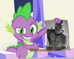 Size: 2289x1849 | Tagged: safe, edit, edited edit, edited screencap, editor:notxweeb, screencap, spike, dragon, anthro, g4, the crystalling, the last problem, buff, gigachad spike, grayscale, jewelry, looking at you, meme, monochrome, muscles, older, older spike, photo, smiling, smiling at you, watermark