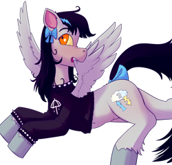 Size: 2000x1916 | Tagged: safe, artist:php93, derpibooru exclusive, oc, oc only, oc:lightning dee, pegasus, pony, bow, choker, clothes, colored sclera, fangs, female, grooming, homestuck, preening, simple background, spiked choker, spiked wristband, spread wings, sweater, tail bow, transparent background, wings, wristband