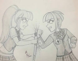 Size: 900x700 | Tagged: safe, artist:mayorlight, sour sweet, sunny flare, equestria girls, g4, my little pony equestria girls: friendship games, angry, bow (weapon), clothes, crystal prep academy uniform, gritted teeth, injustice 2, monochrome, pencil drawing, school uniform, sunny flare's wrist devices, traditional art, video game reference