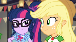Size: 3410x1920 | Tagged: safe, screencap, applejack, sci-twi, twilight sparkle, equestria girls, equestria girls specials, g4, my little pony equestria girls: better together, my little pony equestria girls: holidays unwrapped, the cider louse fools, applejack's hat, bowtie, clothes, cowboy hat, cutie mark, cutie mark on clothes, duo, duo female, female, geode of super strength, geode of telekinesis, glasses, hat, jewelry, looking at each other, magical geodes, necklace, ponytail, smiling, smirk, smuglight sparkle
