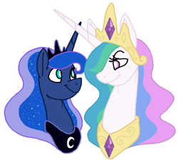 Size: 708x649 | Tagged: safe, artist:vodkamewtwoni, princess celestia, princess luna, alicorn, pony, g4, bust, duo, horn, horns are touching, jewelry, looking at each other, regalia, simple background, smiling, white background, white pupils