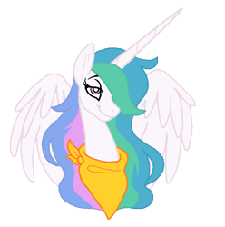 Size: 633x637 | Tagged: safe, artist:vodkamewtwoni, princess celestia, alicorn, pony, g4, bust, hair over one eye, horn, neckerchief, simple background, smiling, solo, transparent background, white pupils, wings
