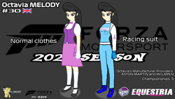 Size: 3840x2160 | Tagged: safe, artist:forzaveteranenigma, octavia melody, human, fanfic:equestria motorsports, g4, aston martin, clothes, dress, flats, forza motorsport, gloves, high res, human coloration, humanized, mclaren, racing suit, shoes, simple background, watermark