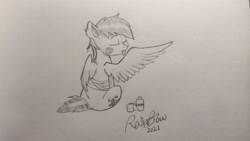 Size: 4624x2600 | Tagged: safe, artist:rain bow, oc, oc only, oc:morning star, pegasus, pony, bandage, eyes closed, female, grooming, injured, mare, monochrome, preening, sitting, solo, spread wings, tongue out, traditional art, wings