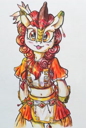 Size: 2195x3264 | Tagged: safe, artist:blueberry pie_蜜糕, autumn blaze, kirin, semi-anthro, g4, arm hooves, belly button, clothes, cosplay, costume, crossover, cute, dress, ear piercing, earring, female, high res, jewelry, magia record, magical girl, midriff, outfit, piercing, puella magi madoka magica, short shirt, skirt, smiling, solo, soul gem, tongue out, traditional art, tsuruno yui