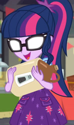 Size: 1920x3233 | Tagged: safe, screencap, sci-twi, twilight sparkle, equestria girls, equestria girls series, g4, holidays unwrapped, the cider louse fools, spoiler:eqg series (season 2), animation error, bowtie, clothes, cropped, cutie mark, cutie mark on clothes, female, geode of telekinesis, glasses, jewelry, magical geodes, necklace, ponytail, solo