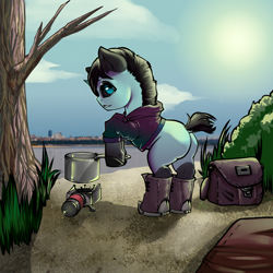 Size: 1200x1200 | Tagged: safe, artist:leastways, oc, oc only, oc:iso, pony, unicorn, boots, camping, clothes, horn, scenery, shoes, solo, sun, sunrise, unicorn oc