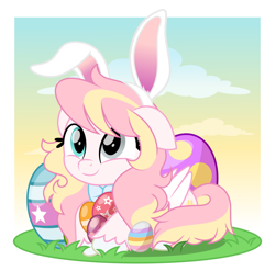 Size: 800x790 | Tagged: safe, artist:jhayarr23, part of a set, oc, oc only, oc:ninny, pegasus, pony, g4, bowtie, bunny ears, commission, cute, daaaaaaaaaaaw, easter, easter egg, featured image, female, heterochromia, holiday, lying down, mare, movie accurate, ocbetes, pegasus oc, prone, simple background, smiling, solo, sweet dreams fuel, vector, ych result