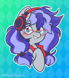 Size: 1582x1790 | Tagged: safe, artist:ninnydraws, part of a set, oc, oc only, oc:cinnabyte, pony, bust, cinnabetes, commission, cute, glasses, headphones, headset, looking at you, solo, ych result