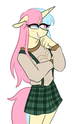 Size: 441x748 | Tagged: safe, artist:redxbacon, oc, oc only, oc:candy floss (redxbacon), unicorn, anthro, adorasexy, blushing, clothes, crossdressing, crossed arms, cute, eye clipping through hair, eyelashes, femboy, floppy ears, giggling, hand on chin, heterochromia, lidded eyes, male, plaid skirt, pose, sexy, simple background, skirt, smiling, solo, suspenders, sweater, trap, two toned mane, white background