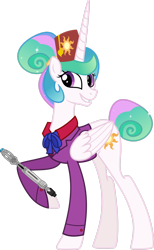 Size: 1600x2597 | Tagged: safe, artist:n0kkun, princess celestia, alicorn, pony, g4, alternate hairstyle, bowtie, bowties are cool, doctor who, female, fez, hair bun, hat, ribbon bow tie, simple background, solo, sonic screwdriver, tail bun, transparent background