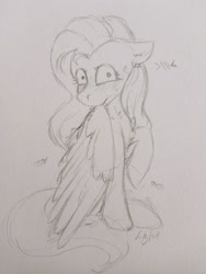 Size: 1756x2333 | Tagged: safe, artist:lightisanasshole, fluttershy, pegasus, pony, g4, blushing, blushing profusely, chest fluff, ear fluff, embarrassed, feather, female, floppy ears, grooming, looking at you, neck fluff, nom, preening, raised leg, sitting, sketch, solo, traditional art, wings, wip