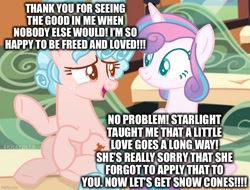Size: 846x643 | Tagged: safe, artist:skylaedits, cozy glow, princess flurry heart, alicorn, earth pony, pony, g4, a better ending for cozy, base used, best friends, caption, image macro, implied snowcone, implied starlight glimmer, love, older, older cozy glow, older flurry heart, redemption, show accurate, snow cone, text, wingless