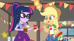 Size: 3410x1920 | Tagged: safe, screencap, applejack, sci-twi, scootaloo, twilight sparkle, equestria girls, equestria girls series, g4, holidays unwrapped, the cider louse fools, spoiler:eqg series (season 2), applejack's hat, belt, bowtie, clothes, cowboy hat, cute, cutie mark, cutie mark on clothes, denim skirt, duo focus, eyes closed, female, geode of super strength, geode of telekinesis, glasses, hat, jackabetes, jewelry, magical geodes, male, mug, necklace, open mouth, ponytail, sci-twiabetes, skirt, twiabetes