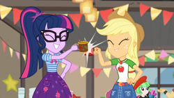Size: 3410x1920 | Tagged: safe, screencap, applejack, sandalwood, sci-twi, scootaloo, twilight sparkle, equestria girls, equestria girls series, g4, holidays unwrapped, the cider louse fools, spoiler:eqg series (season 2), ^^, applejack's hat, belt, bowtie, cheers, clothes, cowboy hat, cute, cutie mark, cutie mark on clothes, denim skirt, duo focus, eyes closed, female, geode of super strength, geode of telekinesis, glasses, hand on hip, hat, jackabetes, magical geodes, male, mug, ponytail, sci-twiabetes, skirt, smiling, twiabetes