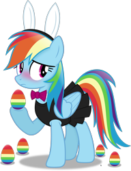 Size: 3919x5106 | Tagged: safe, artist:anime-equestria, rainbow dash, pegasus, pony, g4, blushing, bowtie, bunny ears, clothes, cute, dress, easter, easter bunny, easter egg, embarrassed, female, hairband, holiday, hoof hold, implied egg laying, mare, rainbow dash always dresses in style, rainbow egg, raised hoof, simple background, skirt, solo, transparent background, vector, wings